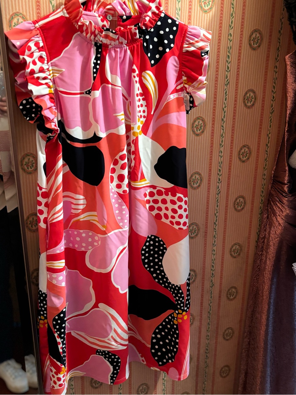 Jude Connally Colorblock Ruffle Neck Dress in Red, Pink & Yellow